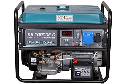 Könner &amp; Söhnen KS 10000E G - Hybrid Benzin-LPG 4-Takt Stromerzeuger, Notstromaggregat 7500 Watt, 1x16A 1x32A Generator mit automatischem Spannungsregler 230V, E-Start, Digitale Anzeige (7.5 Kw)