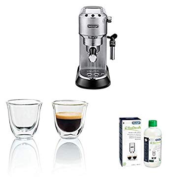 De'Longhi Dedica EC 685.M Espresso Siebträgermaschine,Silber + Isolierte Espresso-Glas 2er Set + Entkalker