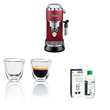 De'Longhi Dedica EC 685.R Espresso Siebträgermaschine,Rot + Isolierte Espresso-Glas 2er Set + Entkalker