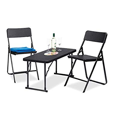 Relaxdays Gartenmöbel Set klappbar,3 teilig,Polyrattan,Tisch höhenverstellbar,H x B x T: 74 x 100 x 43,5 cm,schwarz