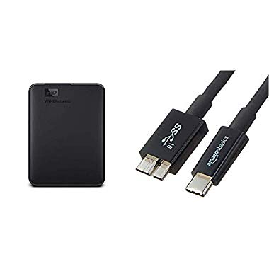 WD Elements Portable,Externe Festplatte - 2 TB - USB 3.0 - WDBU6Y0020BBK-WESN & AmazonBasics - Verbindungskabel,USB Typ C auf Micro-USB Typ B,USB 3.1,2. Generation,0,9 m,Schwarz