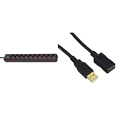 Brennenstuhl Eco-Line 10-fach Steckdosenleiste (schwarz & AmazonBasics 1IGG USB 2.0-Verlängerungskabel A-Stecker auf A-Buchse, 2 m, Schwarz)