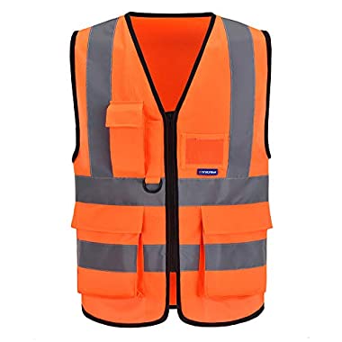 Mehrere Taschen, Mehrere Farben, hochsichtbare Warnweste Hohe Sichtbarkeit Warnweste Reflektierende Weste Reißverschluss Sicherheitswesten EN ISO 20471 (XXL, Orange)