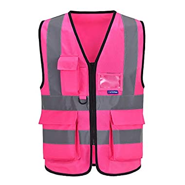 Mehrere Taschen, Mehrere Farben, hochsichtbare Warnweste Hohe Sichtbarkeit Warnweste Reflektierende Weste Reißverschluss Sicherheitswesten EN ISO 20471 (3XL, Pink)