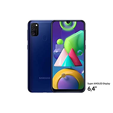 Samsung Galaxy M21 Android Smartphone ohne Vertrag, 3 Kameras, großer 6.000 mAh Akku, 6,4 Zoll Super AMOLED Display, 64 GB/4 GB RAM, Handy in blau, deutsche Version (Blue)