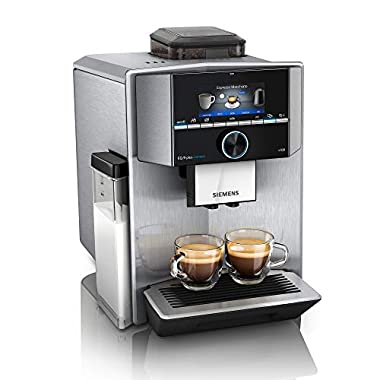 Siemens EQ.9 plus connect s500 Kaffeevollautomat TI9558X1DE, automatische Reinigung, Personalisierung, extra leise, 1.500 Watt, Edelstahl (Ein Bohnenbehälter + Milchadapter)