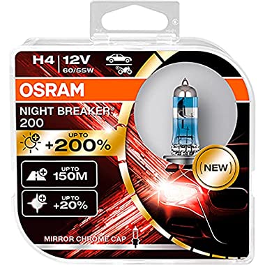 Osram NIGHT BREAKER 200, H4, + 200% Licht, Halogenlampe für Scheinwerfer, 64193NB200-HCB, 12-V-Auto, Silber, Doppelbox (2 Lampen) (Duo Box)